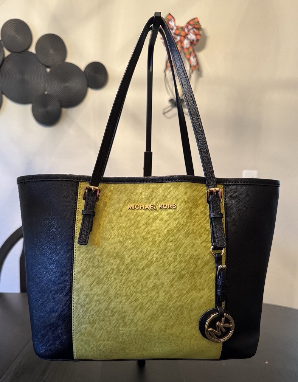 Michael Kors Jet Set Travel Center Striped Tote Bag In Black And Apple Green